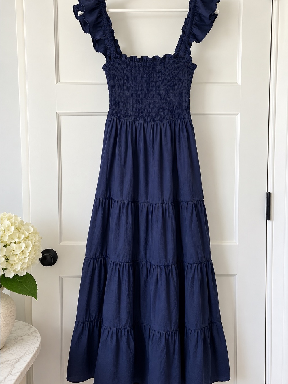 Hill House Navy Ruffle Strap Smocked Tiered Maxi Dress